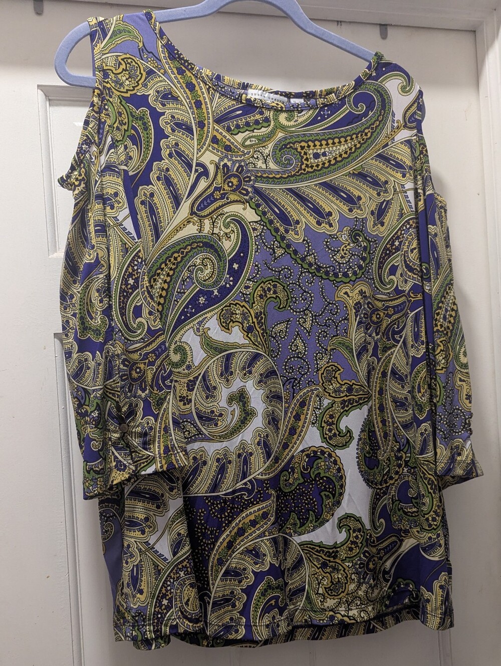 Womens Purple Paisley Cold-Shoulder 3/4 Sleeve Blouse